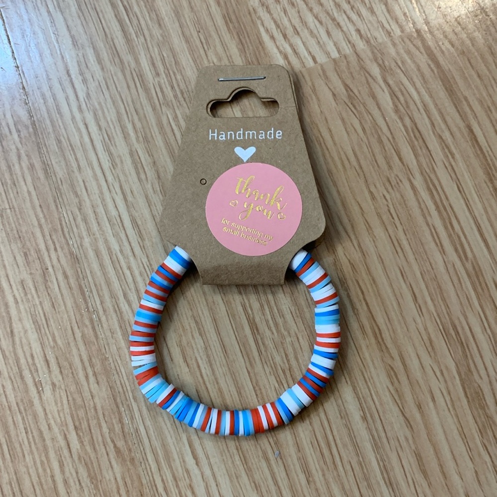 Handmade Americana Clay Bead Bracelet. Red White Blue Summer Patriotic